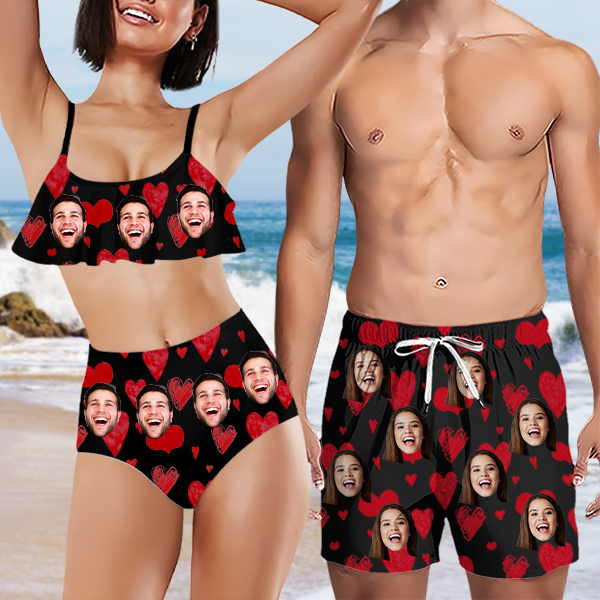 Custom Sweet Heart Mens‘ Shorts Personalized Photo Name Hawaiian Beach Shorts Gift For Him For Husband-mekesllser-Swimwear,Mekesllser,Red Heart,Summer Sale,Swimwear For Men,For Men,Hawaiian Shorts