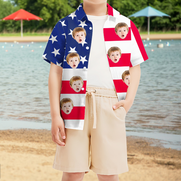 Custom Independence Day Short Sleeve Shirt Face Hawaiian Shirt American Flag Beach Holiday Shirt Gift For Kids-mekesllser-Swimwear,Mekesllser,American Flag,Summer Sale,Hawaiian Shirt,For Kids,Swimwear For Kids,Kid's Hawaiian Shirt,For Boys,For Girls