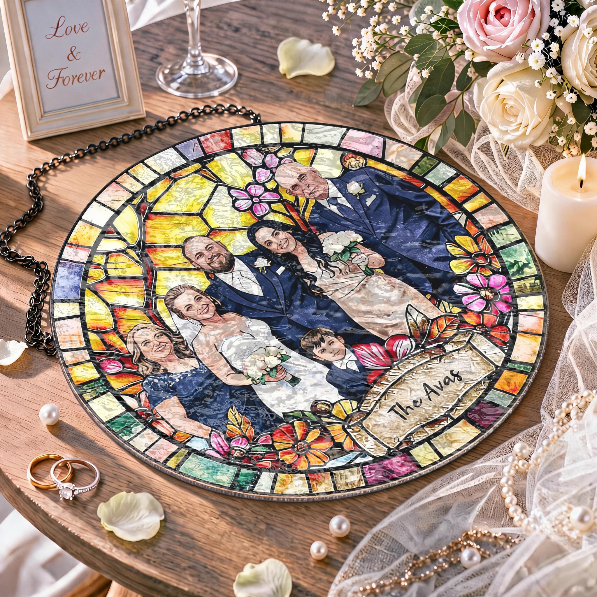 Custom Window Hanging Suncatcher, Elegant Personalized Window Stained Glass Home Decor Piece, Personalized Gift For Couples Wedding Couple Family Gift