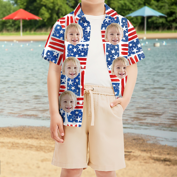Custom American Flag Short Sleeve Shirt Face Hawaiian Independence Day Shirt  Beach Holiday Gift For Kids-mekesllser-Swimwear,Mekesllser,American Flag,Summer Sale,Hawaiian Shirt,For Kids,Swimwear For Kids,Kid's Hawaiian Shirt,For Boys,For Girls