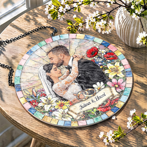 Custom Window Hanging Suncatcher , Water Ripple , Custom Bride And Groom Suncatcher With Custom Photo , Home Decor That Fills Your Home With Light & Love , Newlywed Gift For Wife , Bridal Shower Gift , Wedding Window Decor