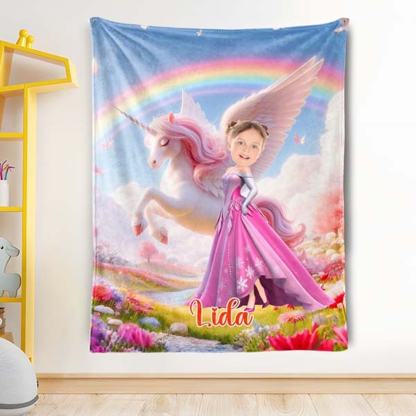 Custom Rainbow Princess With Unicorn Blankets Personalized Face & Name Blanket Gifts For Girls-mekesllser-Mekesllser,For Kids,IP,Home&Living,Blanket,For Girls,Princess,Blanket for Girls,Unicorn