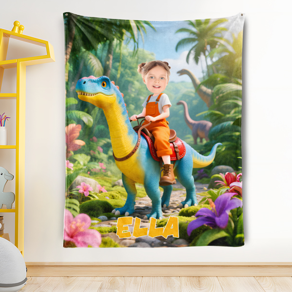 Custom Dinosaur Riding Blankets Female Explorer Personalized Face & Name Hero Blanket Gifts For Girls-mekesllser-Mekesllser,For Kids,Home&Living,Blanket,For Girls,Dinosaur,Kid's Animal Theme,Blanket for Girls