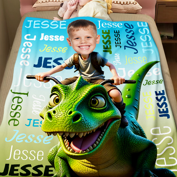 Custom Riding Dinosaur Boy Face & Name Blankets Personalized Blanket Gift For Boys-mekesllser-dinosaur blanket,Mekesllser,For Kids,IP,Home&Living,Blanket,For Boys,Dinosaur,Kid's Animal Theme,Blanket for Boys,Autumn Sale,Children's Daily Style