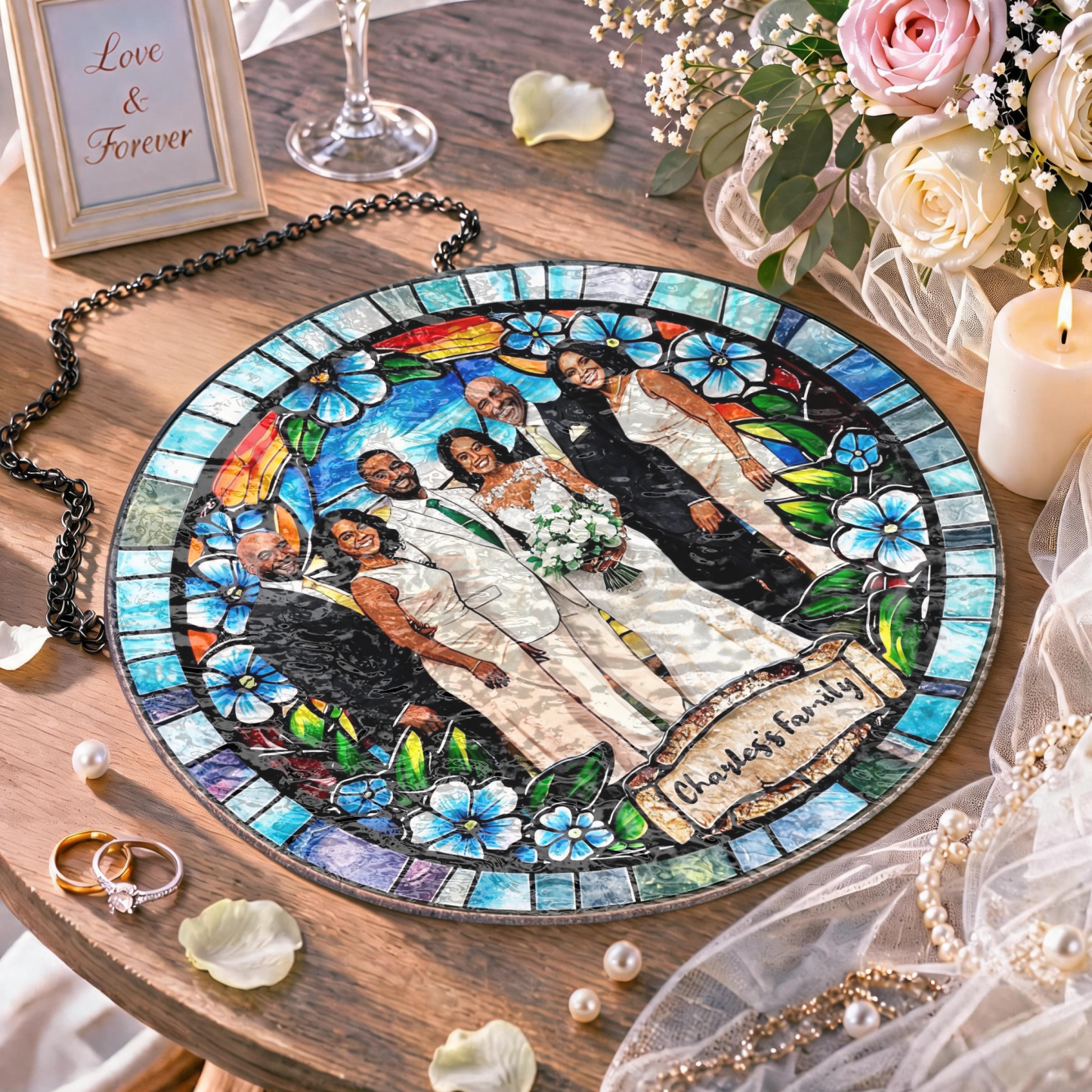 Custom Window Hanging Suncatcher, Personalized Window Stained Glass Home Decor, Ideal Personalized Gift For Couples Wedding Anniversary Photo Love Gift