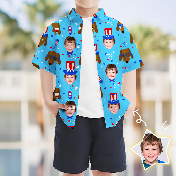 Custom American Flag Puppy Short Sleeve Shirt Face Hawaiian Independence Day Shirt  Beach Gift For Kids-mekesllser-Swimwear,Mekesllser,American Flag,Summer Sale,Hawaiian Shirt,For Kids,Swimwear For Kids,Kid's Hawaiian Shirt,For Boys,For Girls