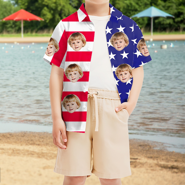 Custom Independence Day Short Sleeve Shirt Face Hawaiian Shirt American Flag Beach Holiday Gift For Kids-mekesllser-Swimwear,Mekesllser,American Flag,Summer Sale,Hawaiian Shirt,For Kids,Swimwear For Kids,Kid's Hawaiian Shirt,For Boys,For Girls