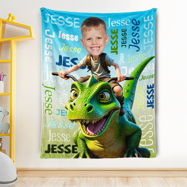 Custom Riding Dinosaur Boy Face & Name Blankets Personalized Blanket Gift For Boys-mekesllser-dinosaur blanket,Mekesllser,For Kids,IP,Home&Living,Blanket,For Boys,Dinosaur,Kid's Animal Theme,Blanket for Boys,Autumn Sale,Children's Daily Style