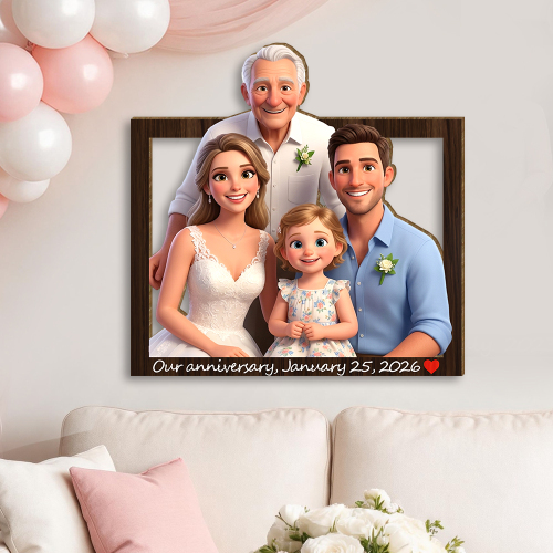 Custom Wooden Wall Art For Home Decor, Personalized Photo Wooden Frame Art With Custom Cartoon Couple Design, 3d Wedding Decor, For Couples
