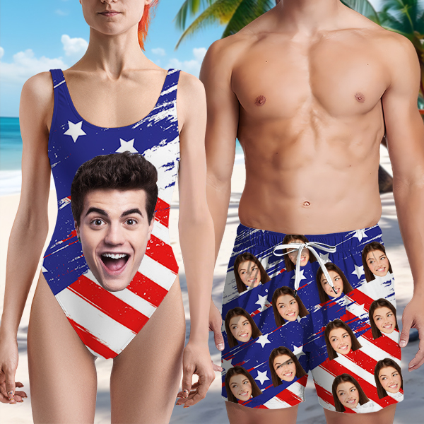 Custom American Flag Mens‘ Shorts Personalized Photo Hawaiian Beach Shorts Gift For Him For Husband-mekesllser-Swimwear,Mekesllser,American Flag,Summer Sale,Swimwear For Men,For Men,Hawaiian Shorts