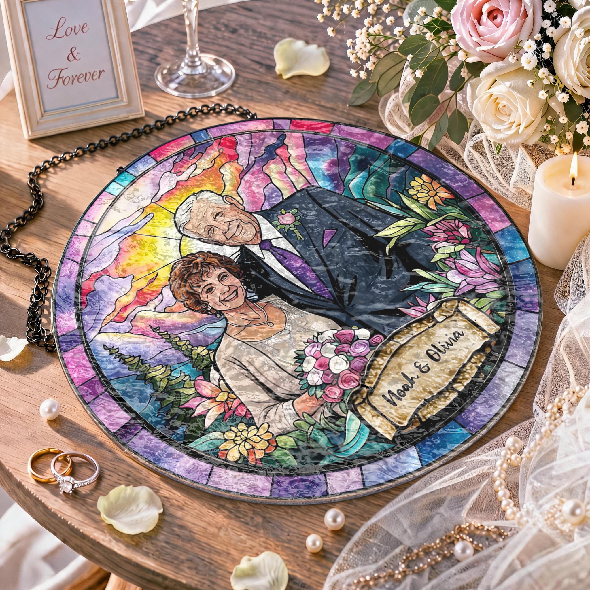 Custom Window Hanging Suncatcher, Elegant Personalized Window Stained Glass Home Decor, Memorable Personalized Gift For Couples Wedding Couple Family Gift