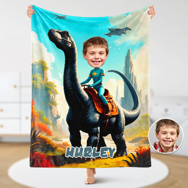 Custom Riding Dinosaur Blankets Personalized Face & Name Hero Blanket Gifts For Boys-mekesllser-dinosaur blanket,Mekesllser,For Kids,Home&Living,Blanket,For Boys,Dinosaur,Blanket for Boys