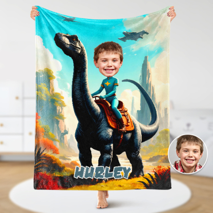 Custom Riding Dinosaur Blankets Personalized Face & Name Hero Blanket Gifts For Boys-mekesllser-dinosaur blanket,Mekesllser,For Kids,Home&Living,Blanket,For Boys,Dinosaur,Blanket for Boys
