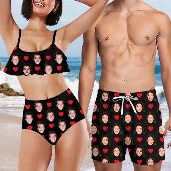 Custom Red Heart Mens‘ Shorts Personalized Photo Hawaiian Beach Shorts Gift For Him For Husband-mekesllser-Swimwear,Mekesllser,Red Heart,Summer Sale,Swimwear For Men,For Men,Hawaiian Shorts