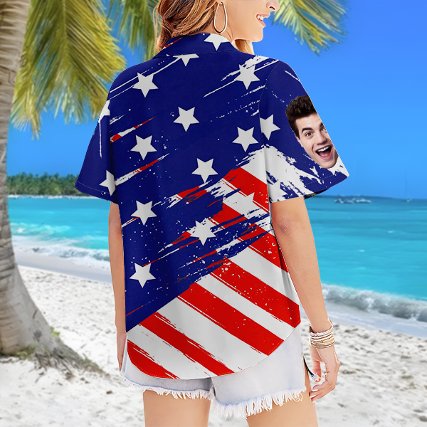 Custom Women's Hawaiian Shirt With Face American Flag Hawaiian Personalized Gifts For Her-mekesllser-Swimwear For Women,For Women,Swimwear,Mekesllser,American Flag,Summer Sale,Hawaiian Shirt,Women's Hawaiian Shirt