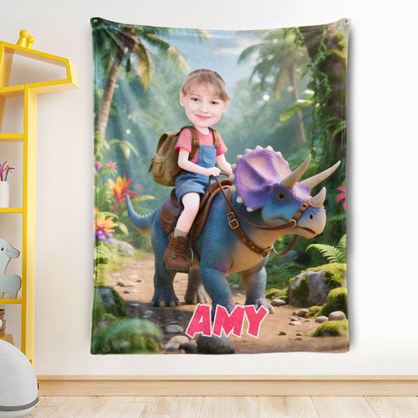 Custom Triceratops Riding Blankets Personalized Face & Name Hero Blanket Gifts For Girls-mekesllser-Mekesllser,For Kids,Home&Living,Blanket,For Girls,Dinosaur,Kid's Animal Theme,Blanket for Girls