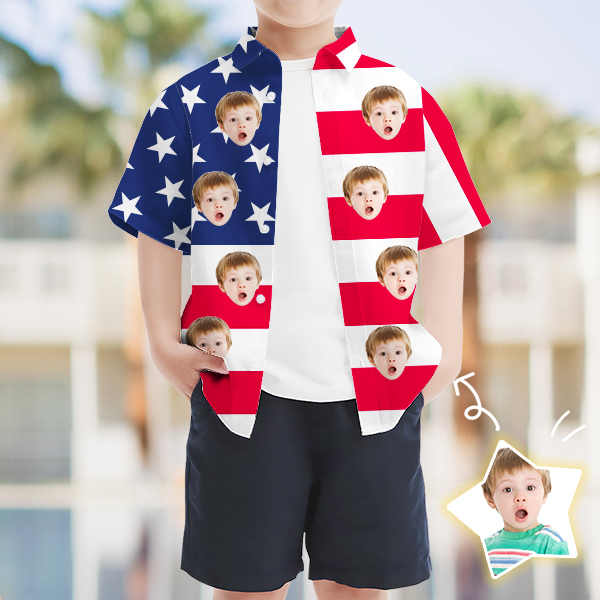 Custom Independence Day Short Sleeve Shirt Face Hawaiian Shirt American Flag Beach Holiday Shirt Gift For Kids-mekesllser-Swimwear,Mekesllser,American Flag,Summer Sale,Hawaiian Shirt,For Kids,Swimwear For Kids,Kid's Hawaiian Shirt,For Boys,For Girls