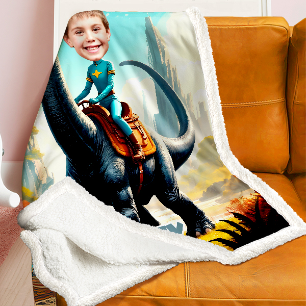Custom Riding Dinosaur Blankets Personalized Face & Name Hero Blanket Gifts For Boys-mekesllser-dinosaur blanket,Mekesllser,For Kids,Home&Living,Blanket,For Boys,Dinosaur,Blanket for Boys