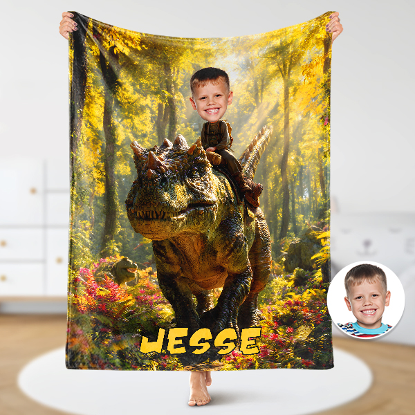 Custom Dinosaur Blankets Personalized Face & Name Hero Blanket Gifts For Boys-mekesllser-dinosaur blanket,Mekesllser,For Kids,Home&Living,Blanket,For Boys,Dinosaur,Blanket for Boys