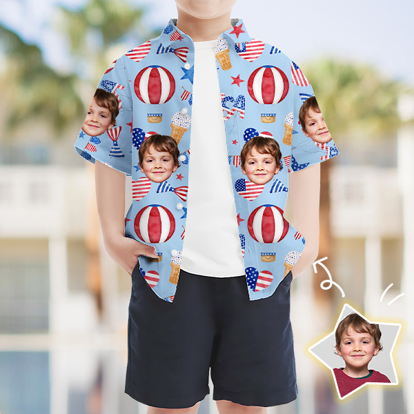 Custom American Flag Balloon Short Sleeve Shirt Face Hawaiian Independence Day Shirt  Beach Holiday Gift For Kids-mekesllser-Swimwear,Mekesllser,American Flag,Summer Sale,Hawaiian Shirt,For Kids,Swimwear For Kids,Kid's Hawaiian Shirt,For Boys,For Girls