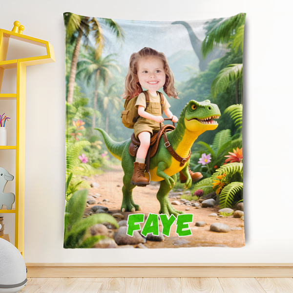 Custom Carnotaurus Dinosaur Riding Blankets Personalized Face & Name Hero Blanket Gifts For Girls-mekesllser-Mekesllser,For Kids,Home&Living,Blanket,For Girls,Dinosaur,Kid's Animal Theme,Blanket for Girls