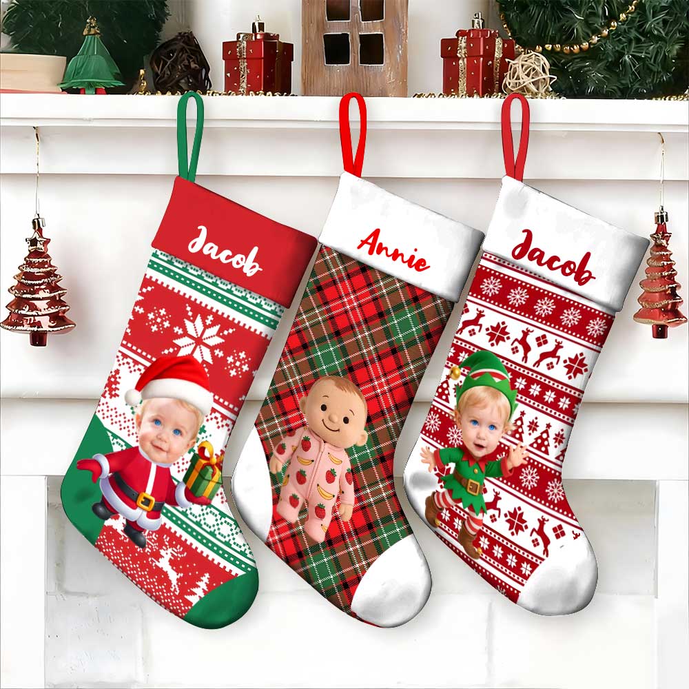 Personalized Christmas Stocking With Face And Name - Custom Family Gift For Family ，husband, Wife, Kids-mekesllser-Mekesllser,Christmas,Home Decor,AI,Christmas Stockings