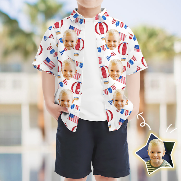 Custom American Flag Balloon Short Sleeve Shirt Face Hawaiian Independence Day Shirt  Beach Holiday Gift For Kids-mekesllser-Swimwear,Mekesllser,American Flag,Summer Sale,Hawaiian Shirt,For Kids,Swimwear For Kids,Kid's Hawaiian Shirt,For Boys,For Girls