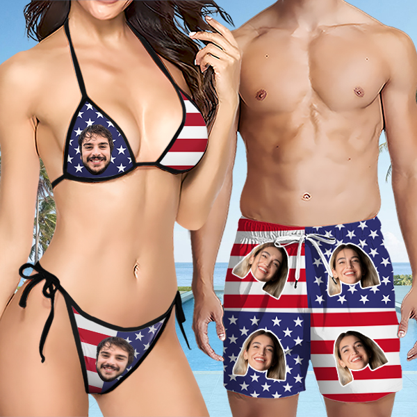 Custom American Flag Hawaiian Mens‘ Shorts Personalized Photo Hawaiian Beach Shorts Gift For Him For Husband-mekesllser-Swimwear,Mekesllser,American Flag,Summer Sale,Swimwear For Men,For Men,Hawaiian Shorts