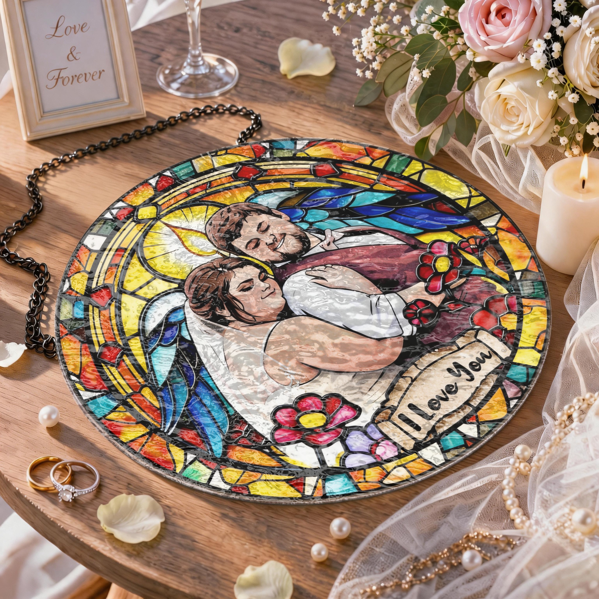 Custom Window Hanging Suncatcher, Personalized Stained Glass Art Home Decor Accessory, Thoughtful Personalized Gift For Couples Wedding Keepsake Anniversary Photo