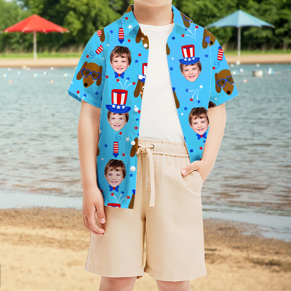 Custom American Flag Puppy Short Sleeve Shirt Face Hawaiian Independence Day Shirt  Beach Gift For Kids-mekesllser-Swimwear,Mekesllser,American Flag,Summer Sale,Hawaiian Shirt,For Kids,Swimwear For Kids,Kid's Hawaiian Shirt,For Boys,For Girls