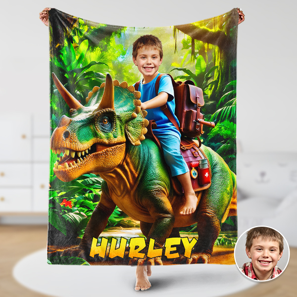 Custom Rainforest Dinosaur Blankets Personalized Boy Riding Triceratops Dinosaur Blanket Gift For Boys-mekesllser-dinosaur blanket,Mekesllser,For Kids,IP,Home&Living,Blanket,For Boys,Dinosaur,Kid's Animal Theme,Blanket for Boys,Autumn Sale,Children's Daily Style