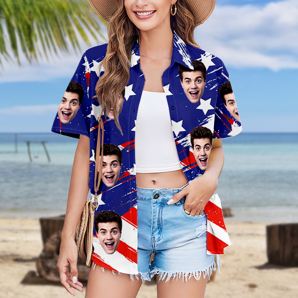 Custom Women's Hawaiian Shirt With Face American Flag Hawaiian Personalized Gifts For Her-mekesllser-Swimwear For Women,For Women,Swimwear,Mekesllser,American Flag,Summer Sale,Hawaiian Shirt,Women's Hawaiian Shirt
