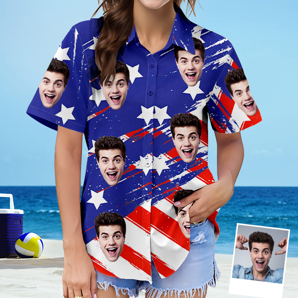 Custom Women's Hawaiian Shirt With Face American Flag Hawaiian Personalized Gifts For Her-mekesllser-Swimwear For Women,For Women,Swimwear,Mekesllser,American Flag,Summer Sale,Hawaiian Shirt,Women's Hawaiian Shirt