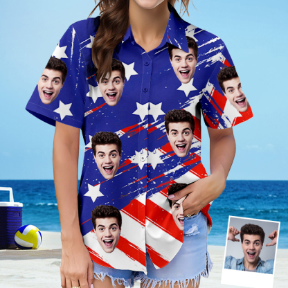 Custom Women's Hawaiian Shirt With Face American Flag Hawaiian Personalized Gifts For Her-mekesllser-Swimwear For Women,For Women,Swimwear,Mekesllser,American Flag,Summer Sale,Hawaiian Shirt,Women's Hawaiian Shirt