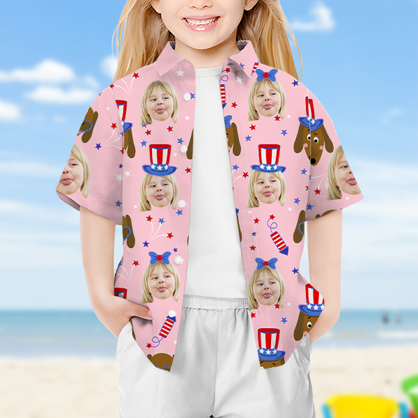 Custom American Flag Puppy Short Sleeve Shirt Face Hawaiian Independence Day Shirt  Beach Gift For Kids-mekesllser-Swimwear,Mekesllser,American Flag,Summer Sale,Hawaiian Shirt,For Kids,Swimwear For Kids,Kid's Hawaiian Shirt,For Boys,For Girls