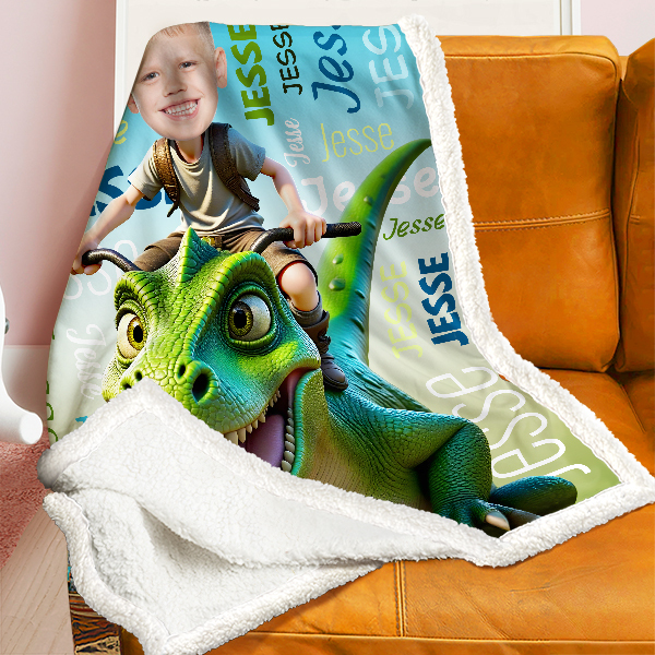 Custom Riding Dinosaur Boy Face & Name Blankets Personalized Blanket Gift For Boys-mekesllser-dinosaur blanket,Mekesllser,For Kids,IP,Home&Living,Blanket,For Boys,Dinosaur,Kid's Animal Theme,Blanket for Boys,Autumn Sale,Children's Daily Style