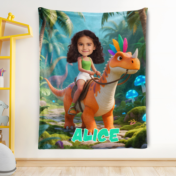 Custom Orange Dinosaur Riding Blankets Personalized Face & Name Hero Blanket Gifts For Girls-mekesllser-Mekesllser,For Kids,Home&Living,Blanket,For Girls,Dinosaur,Kid's Animal Theme,Blanket for Girls