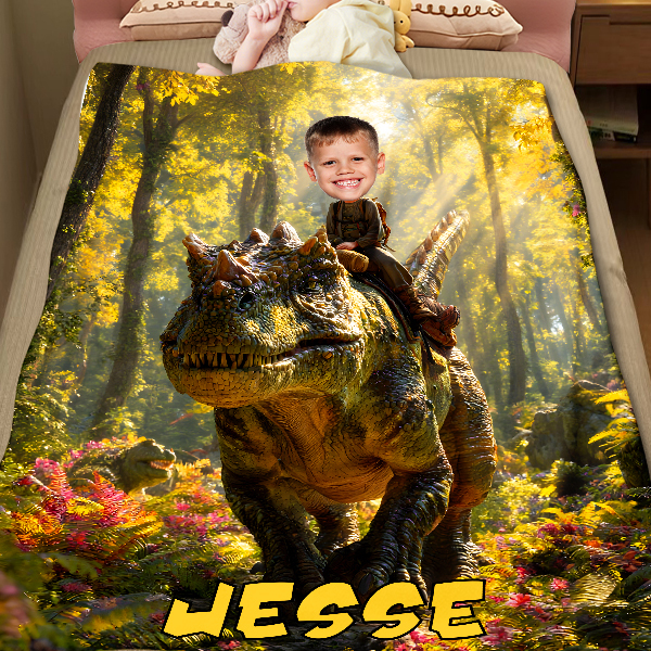 Custom Dinosaur Blankets Personalized Face & Name Hero Blanket Gifts For Boys-mekesllser-dinosaur blanket,Mekesllser,For Kids,Home&Living,Blanket,For Boys,Dinosaur,Blanket for Boys