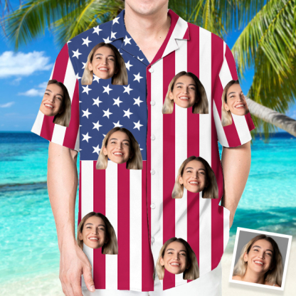 Custom American Flag Hawaiian Shirt With Face Holiday Beach Shirt Beach Shirt Holiday Gift For Men, For Husband-mekesllser-Swimwear,Mekesllser,American Flag,Summer Sale,Swimwear For Men,For Men,Hawaiian Shirt,Men's Hawaiian Shirt