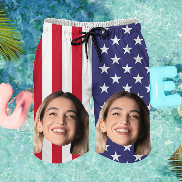Custom American Flag Mens‘ Shorts Personalized Photo Hawaiian Beach Shorts Gift For Him For Husband-mekesllser-Swimwear,Mekesllser,American Flag,Summer Sale,Swimwear For Men,For Men,Hawaiian Shorts