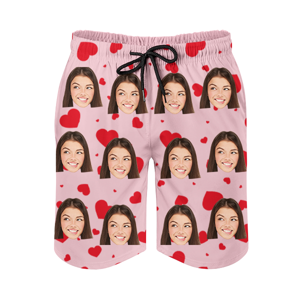 Custom Sweet Heart Mens‘ Shorts Personalized Photo Hawaiian Sweet Love Beach Shorts Gift For Him For Husband-mekesllser-Swimwear,Mekesllser,Red Heart,Summer Sale,Swimwear For Men,For Men,Hawaiian Shorts