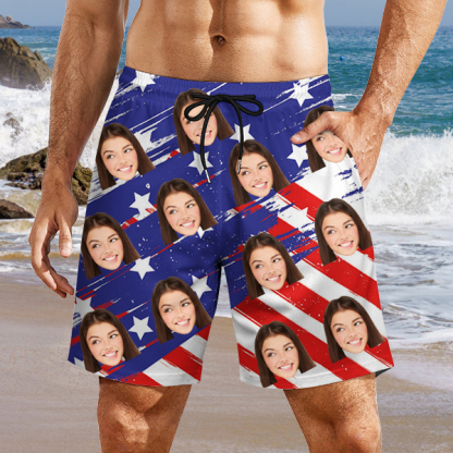 Custom American Flag Mens‘ Shorts Personalized Photo Hawaiian Beach Shorts Gift For Him For Husband-mekesllser-Swimwear,Mekesllser,American Flag,Summer Sale,Swimwear For Men,For Men,Hawaiian Shorts