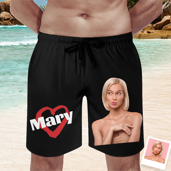 Custom Heart Mens‘ Shorts Personalized Photo Name Hawaiian Beach Shorts Gift For Him For Husband-mekesllser-Swimwear,Mekesllser,Red Heart,Summer Sale,Swimwear For Men,For Men,Hawaiian Shorts