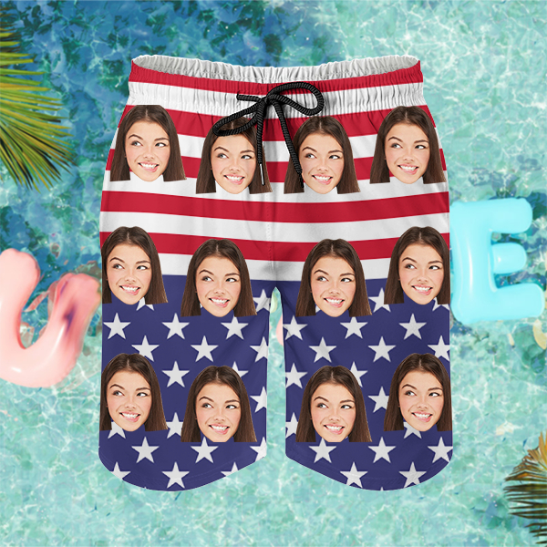 Custom American Flag Mens‘ Beach Shorts Personalized Photo Hawaiian Shorts Gift For Him For Husband-mekesllser-Swimwear,Mekesllser,American Flag,Summer Sale,Swimwear For Men,For Men,Hawaiian Shorts