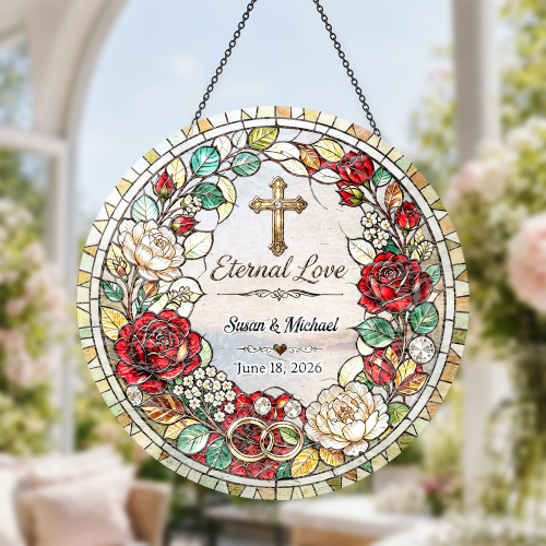 Custom Suncatcher Wedding Gift – Catch The Light And Cherish Your Forever | Personalized Newlywed Window Hanging With Engraved Initials| Sentimental Home Decor For Your First Home Together | Wedding Gift For Couple | Custom Photo Suncatcher