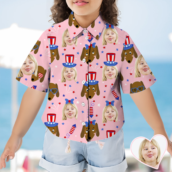 Custom American Flag Puppy Short Sleeve Shirt Face Hawaiian Independence Day Shirt  Beach Gift For Kids-mekesllser-Swimwear,Mekesllser,American Flag,Summer Sale,Hawaiian Shirt,For Kids,Swimwear For Kids,Kid's Hawaiian Shirt,For Boys,For Girls