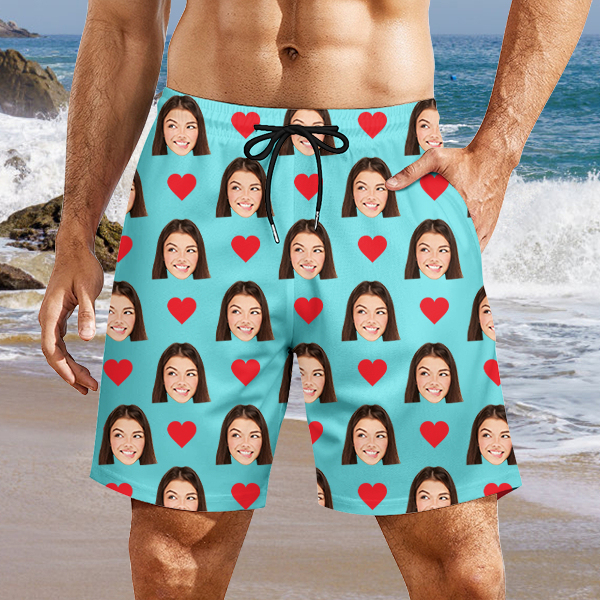 Custom Red Heart Mens‘ Shorts Personalized Photo Hawaiian Beach Shorts Gift For Him For Husband-mekesllser-Swimwear,Mekesllser,Red Heart,Summer Sale,Swimwear For Men,For Men,Hawaiian Shorts