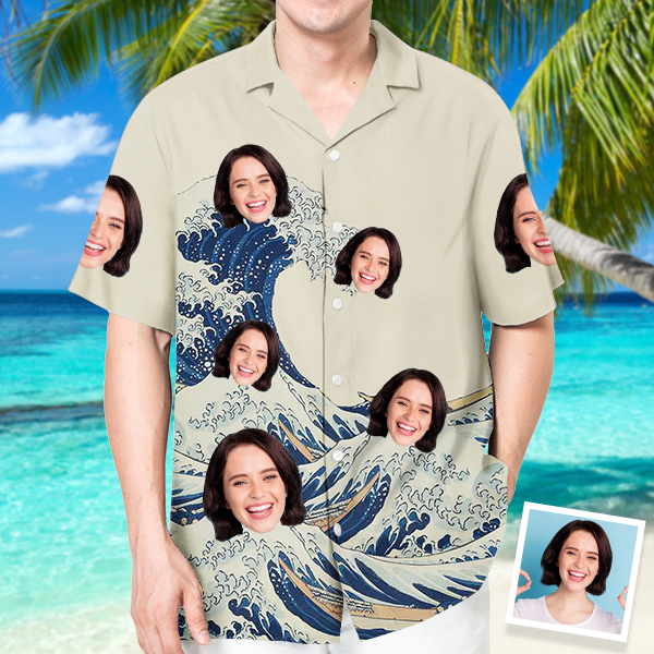 Custom Great Waves Hawaiian Shirt With Face Holiday Beach Shirt Japanese Art Shirt Holiday Gift For Men, For Husband-mekesllser-Swimwear,Mekesllser,Summer Sale,Swimwear For Men,For Men,Japanese Art,Hawaiian Shirt,Men's Hawaiian Shirt