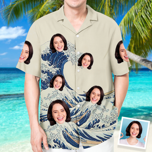 Custom Great Waves Hawaiian Shirt With Face Holiday Beach Shirt Japanese Art Shirt Holiday Gift For Men, For Husband-mekesllser-Swimwear,Mekesllser,Summer Sale,Swimwear For Men,For Men,Japanese Art,Hawaiian Shirt,Men's Hawaiian Shirt