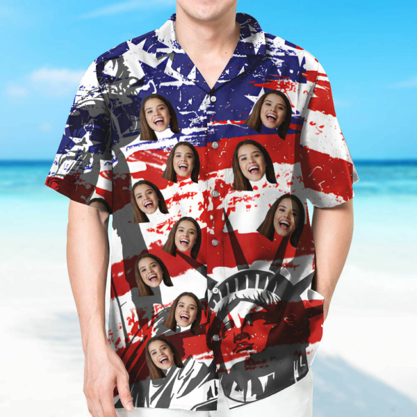 Custom American Flag Status Of Liberty Hawaiian Shirt With Face Holiday Beach Shirt The Independence Day Beach Shirt Holiday Gift For Men, For Husband-mekesllser-Swimwear,Mekesllser,American Flag,Summer Sale,Swimwear For Men,For Men,Hawaiian Shirt,Men's Hawaiian Shirt,Independence Day